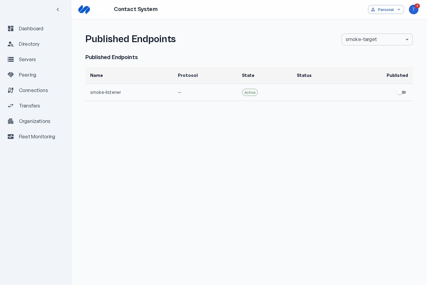 The Channels page: a server selector and the list of that server's published endpoints