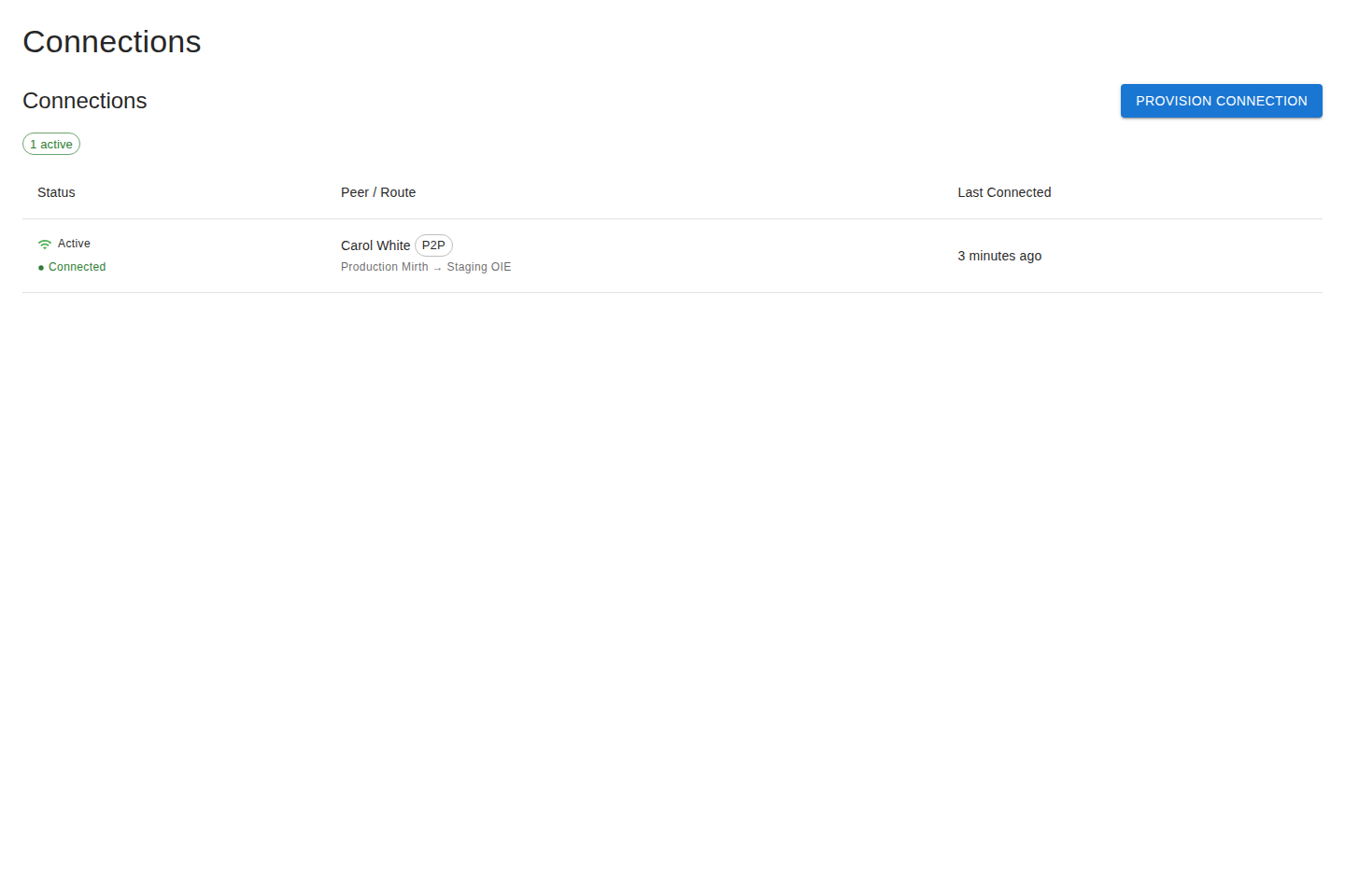 The Connections list showing status, peer/route, and last-connected columns