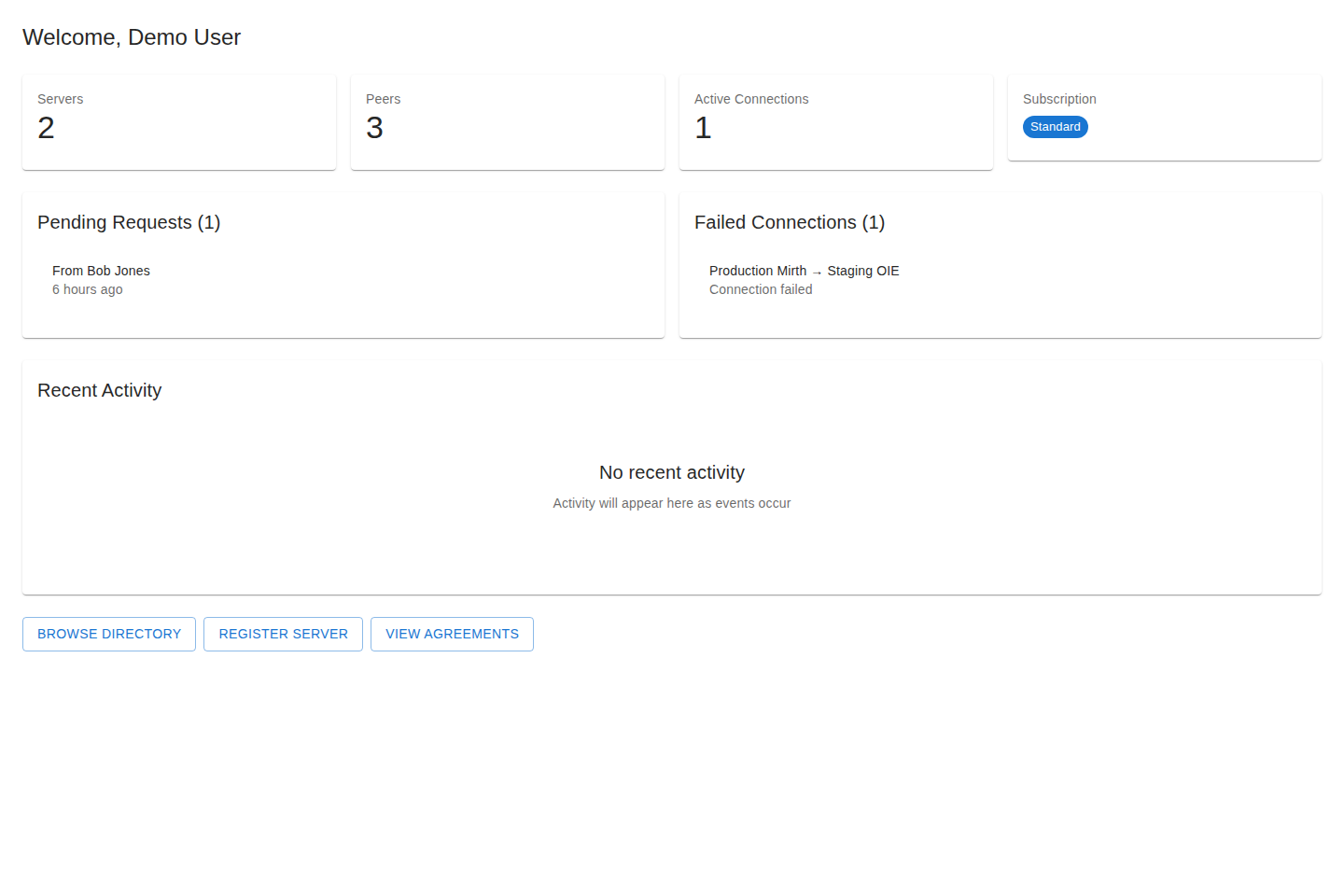 The Contacts dashboard showing status cards, pending requests, failed connections, and quick actions