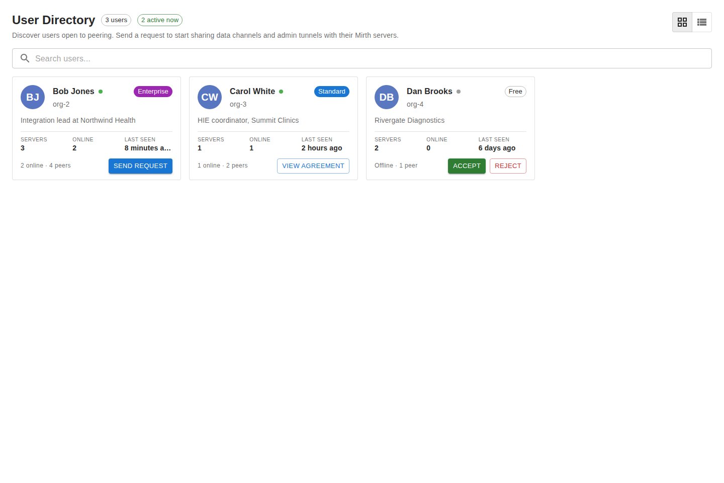The Directory showing a Search users field and user cards with Send Request actions