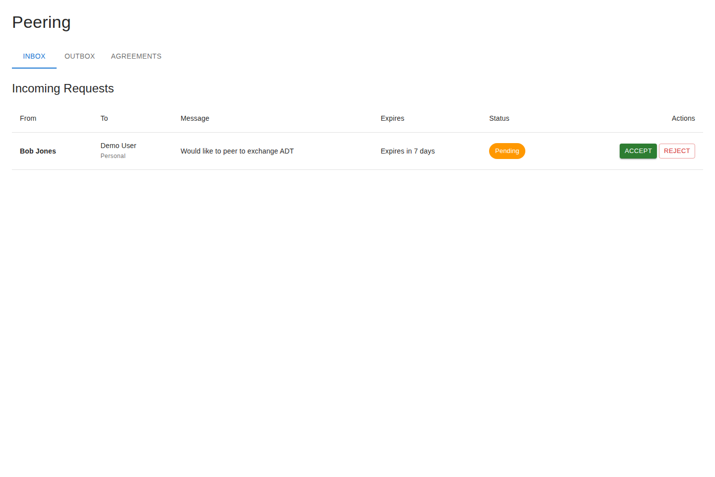 The Peering Inbox showing an incoming request with Accept and Reject actions
