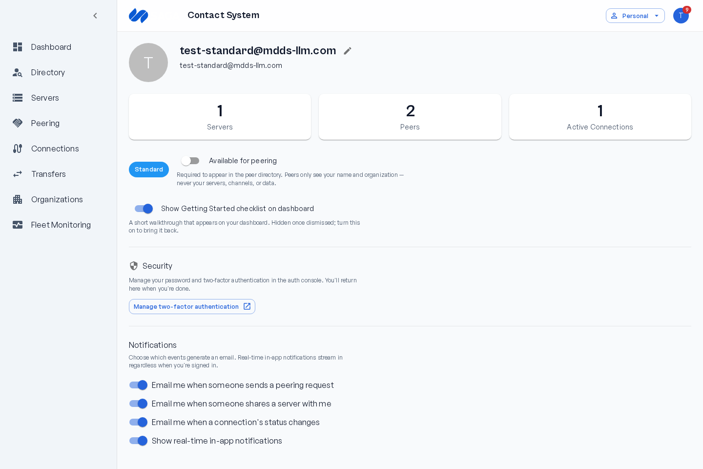 The profile page showing account stats, the Available for peering toggle, and notification preferences.