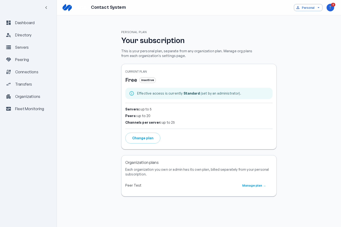 The Billing page showing the current plan, status, limits, and the manage-in-Stripe and change-plan actions