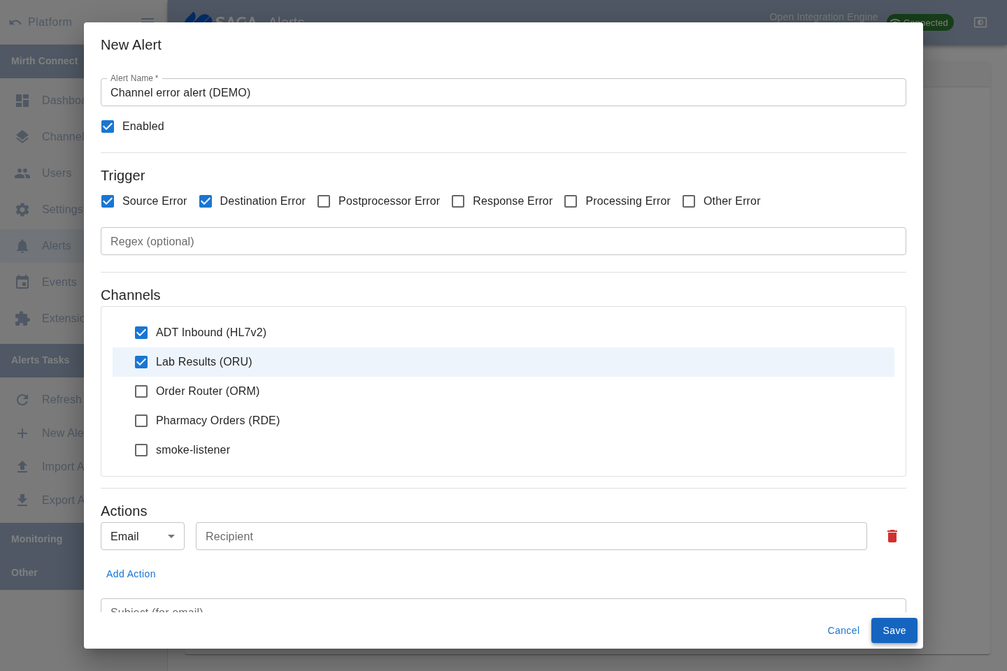 The New Alert dialog: alert name, error-type triggers, channel selection, and a notification action