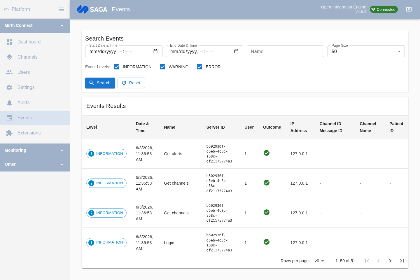 The Events page showing a date-filtered list with level, event name, and details columns