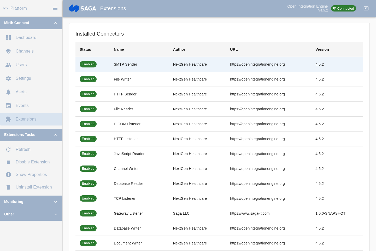 The Extensions page showing the Connectors table and Plugins table with status chips