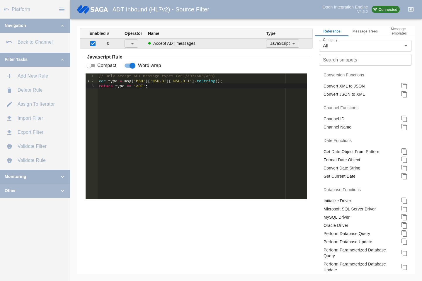 The filter editor showing a tree of rules on the left and a JavaScript rule editor on the right