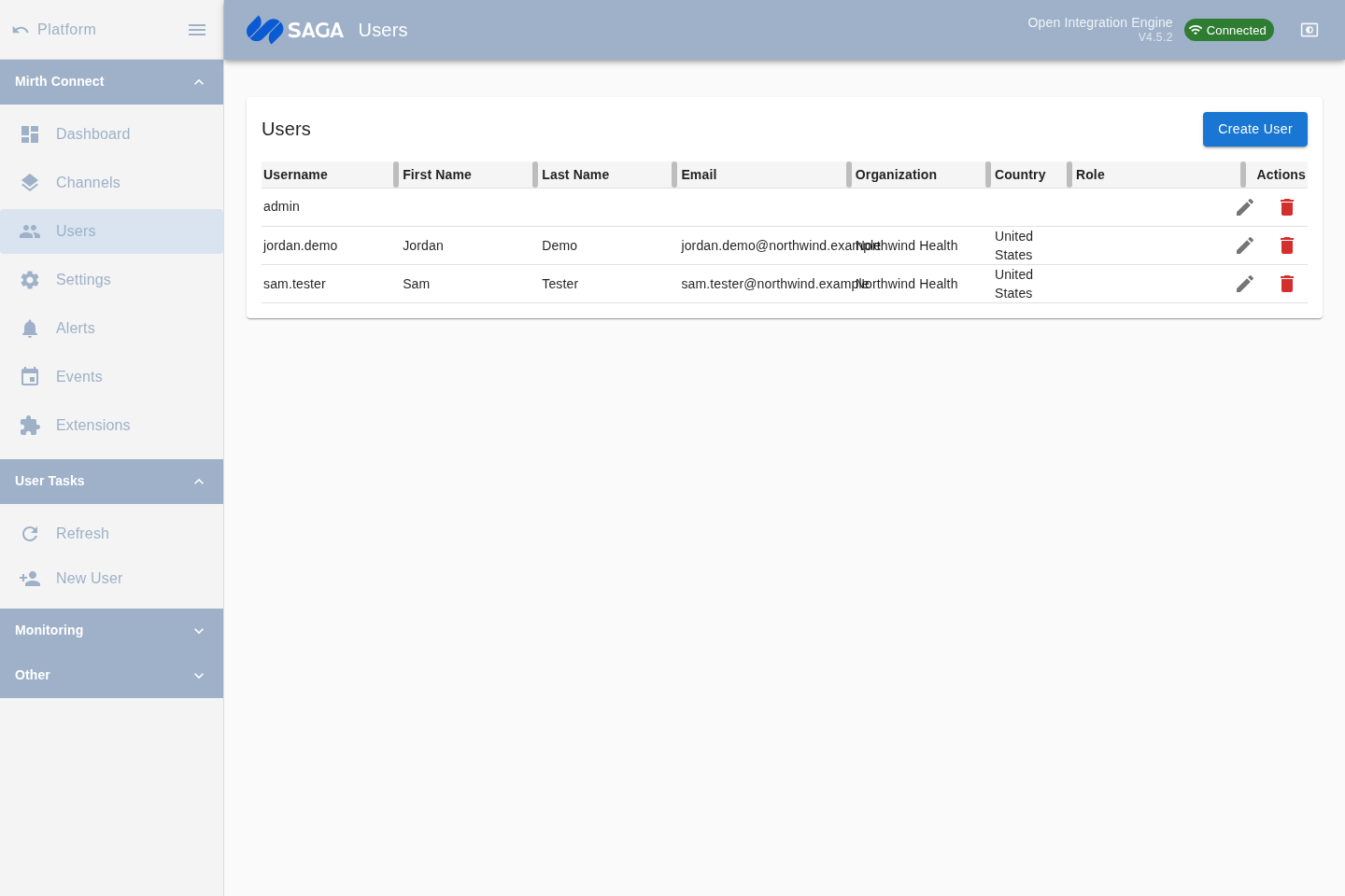 The Users page showing a table of server accounts with action buttons in the toolbar